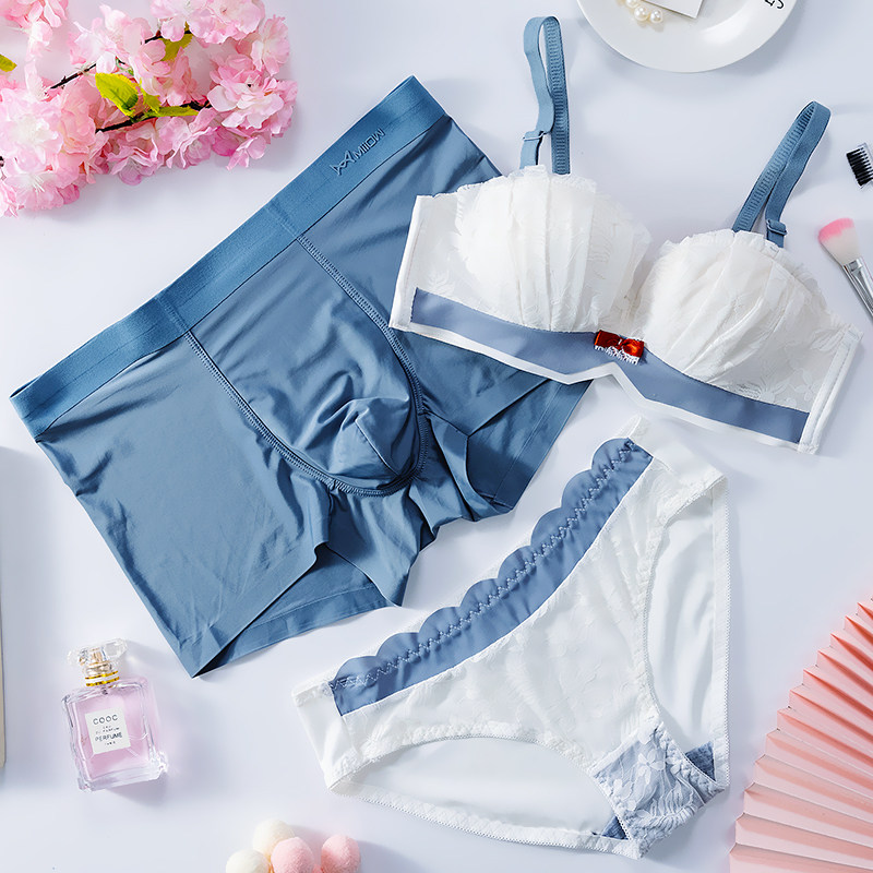All beauty no steel ring couple underwear three-piece set lace ice silk couple models pure cotton file couple underwear one man