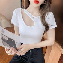Hollowed-out Collarbone T-shirt White Short Sleeve T-Shirt Woman 100 lap Summer dress New design Sexy Hollowed-out Dew