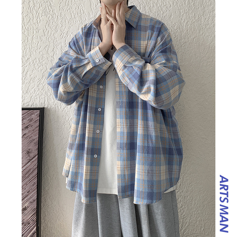 Simple thin Hong Kong style plaid shirt ins boys Korean couples trend loose casual long sleeve shirt jacket