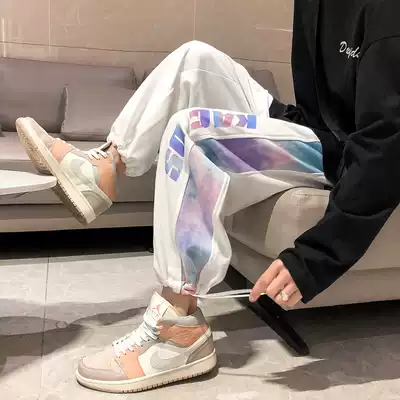 2021 spring and summer tide brand pants men's Korean version of the trend loose drawstring pants side gradient color stitching sports thick cotton pants