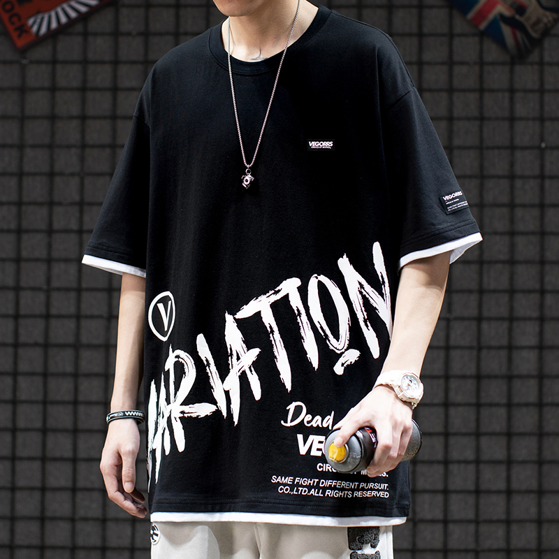 American Street Hip Hop Card Letters Graffiti Fake Two T-shirt Pure Cotton Loose Oversize Couple Short Sleeve Men