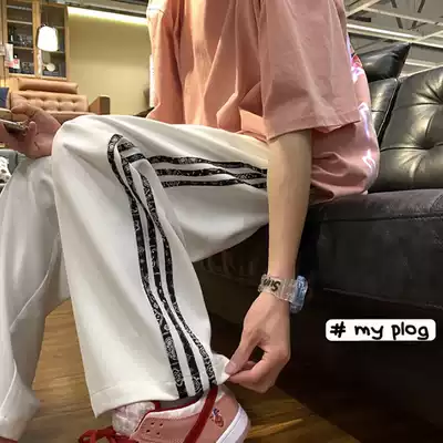 Casual pants men's summer loose wide-legged straight striped sports pants trendy Harbor style retro versatile mop trousers