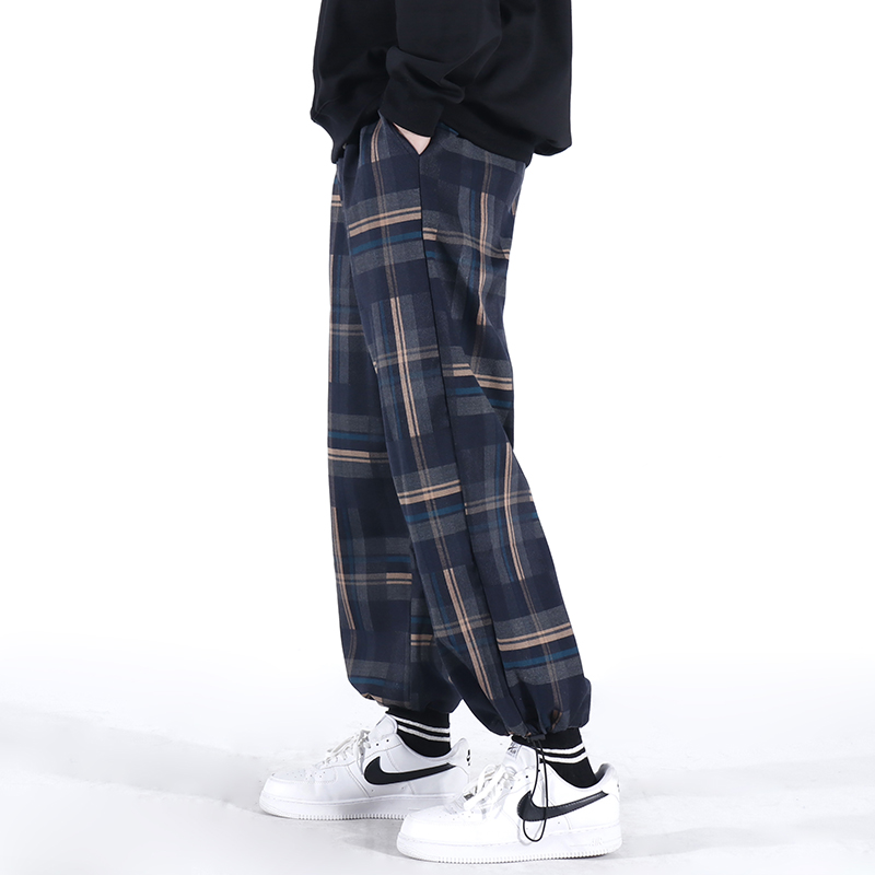 Mr fortyulzzang plaid pants men's loose trendy drawstring bundle feet casual pants ins Korean version of sports pants