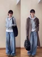 Серая узкая цепочка с двойной молнией в стиле 𫔀 [плюс бархат] [не основной стиль изображения]