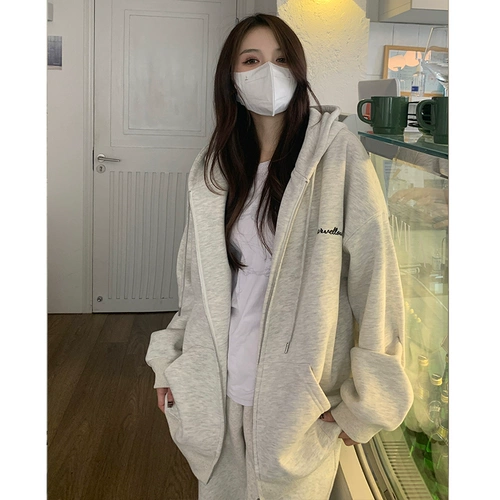 Осенняя куртка, тонкая толстовка с капюшоном, спортивный длинный кардиган, в американском стиле, свободный крой, оверсайз, средней длины