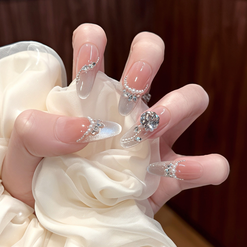 Ambitious Man [Pearl Ripple Diamond] Handmade Long Wearable Nails 2026 Pearl Crushed Diamond Romantic French Wedding Nails