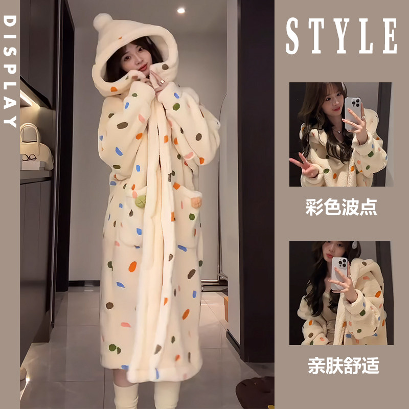 Coral Suede Pajamas Woman Winter Girl Sweetness Colorful Wave Dot Flannel with hat sleeping robe Big code Home Sleeping Dress-Taobao