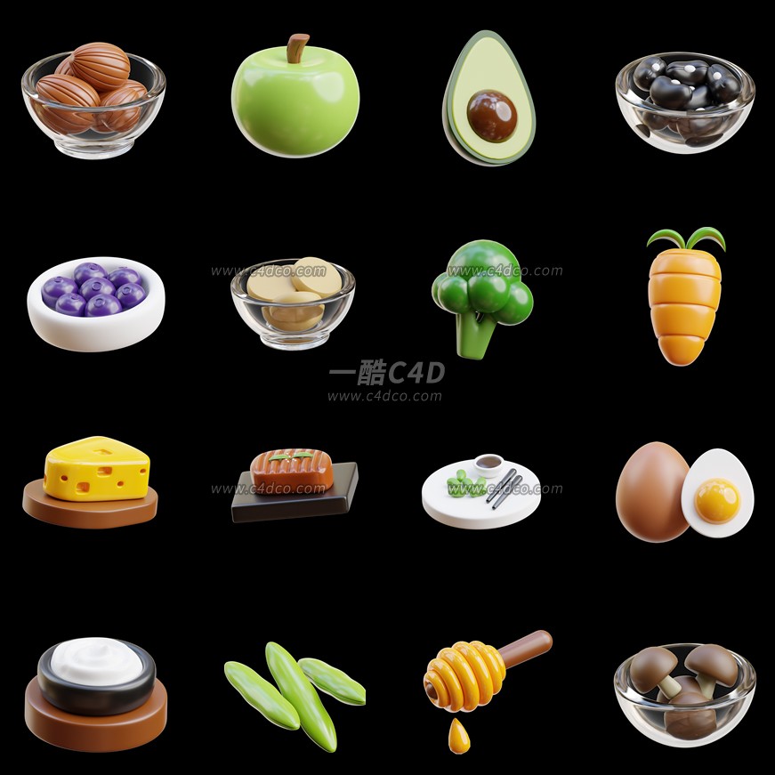 一酷C4D 卡通水果葡萄橘子青菜蘑菇食物3D模型