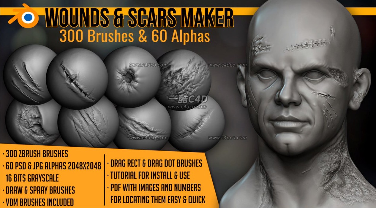 300款伤口和疤痕人物雕刻笔刷Alpha纹理贴图