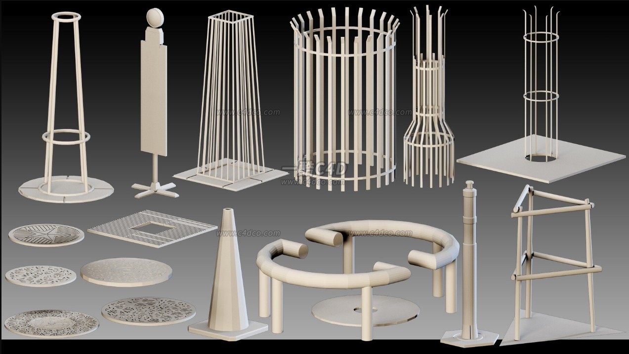 一酷C4D 城市公共设施井盖消防水栓路锥配电箱3D模型素材