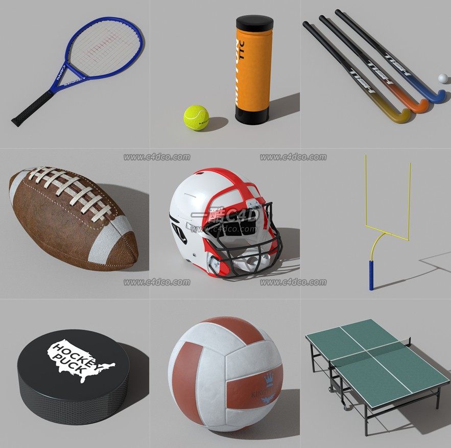一酷C4D 12款运动用品兵乓球足球保龄球瓶运动体育用品3D模型