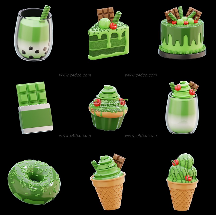 一酷C4D 卡通甜品食物甜筒蛋糕抹茶布丁马卡龙3D模型