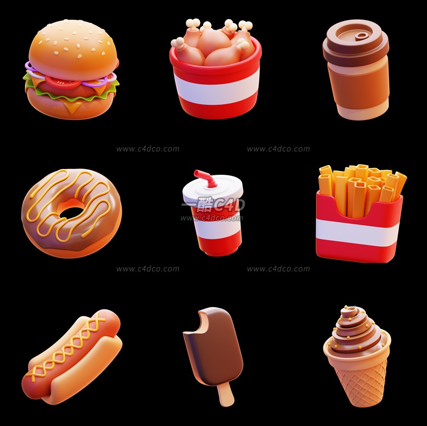 一酷C4D 卡通快餐食物汉堡甜甜圈雪糕热狗3D模型