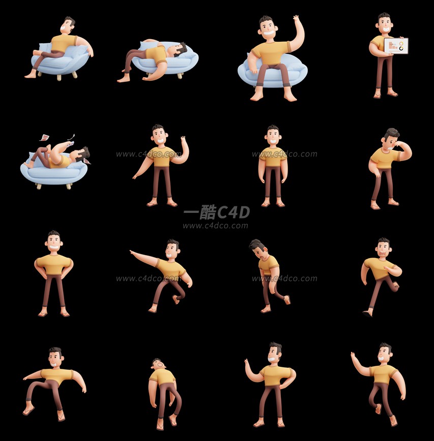 一酷C4D 卡通人物角色打坐冥想跑步动作姿势3D模型