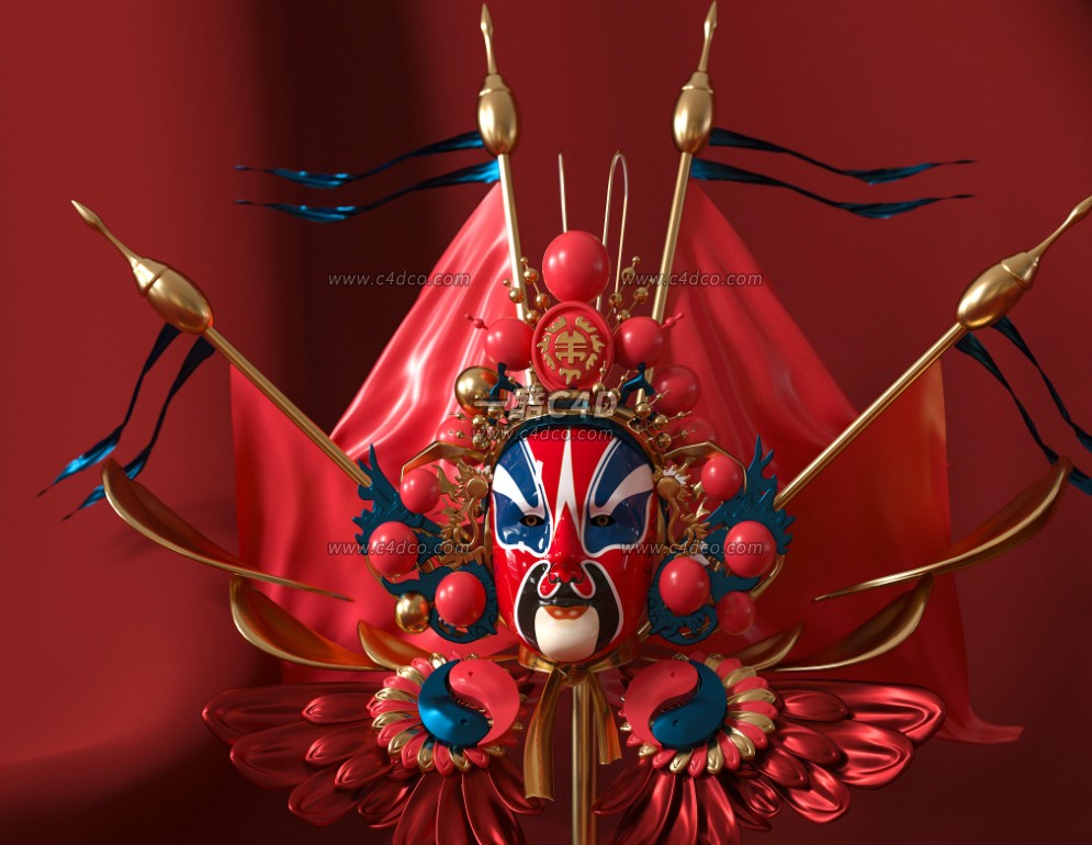 一酷C4D 中式传统川蜀戏剧脸谱面具oc渲染场景3D模型