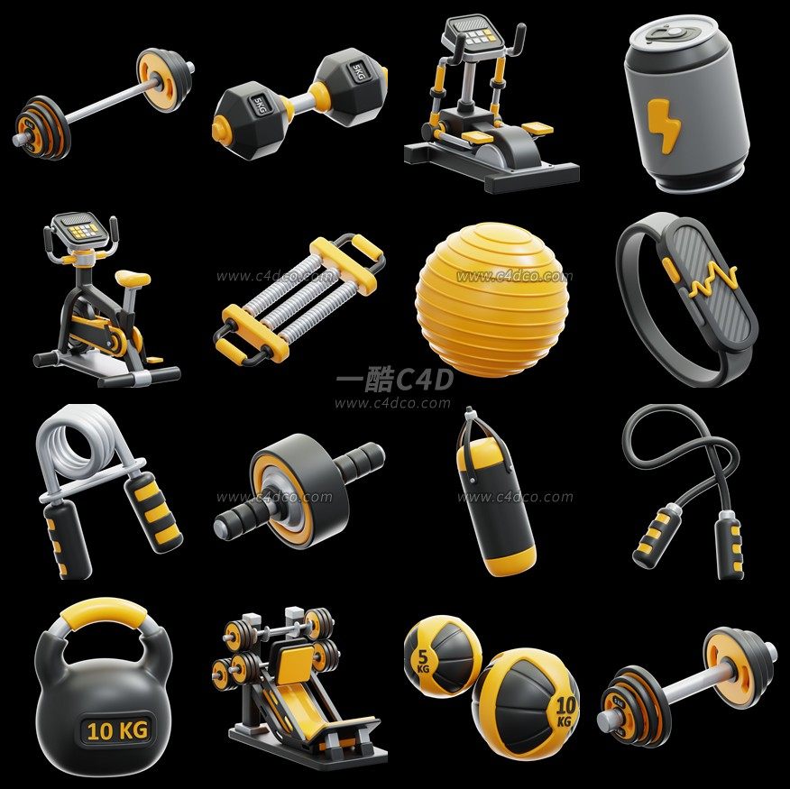 一酷C4D 卡通健身器材握力器沙袋哑铃跑步机3D模型
