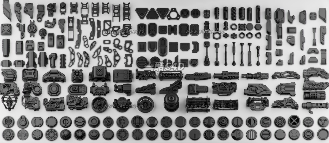 一酷C4D 150款硬表面机械设备配件零件3D模型合集