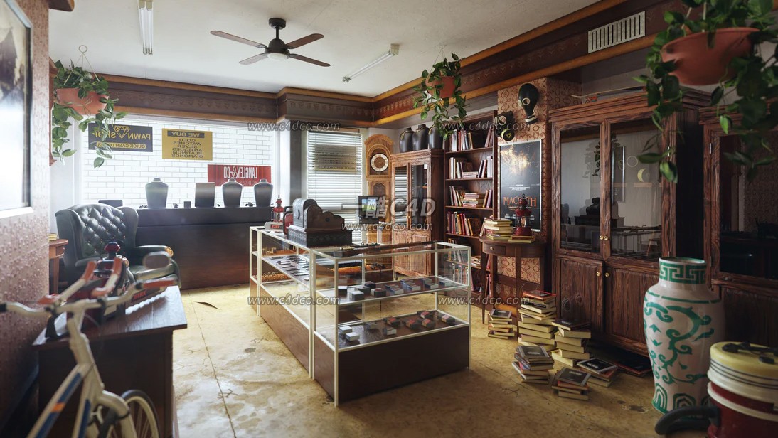一酷C4D 复古街道社区商店室内场景3D模型