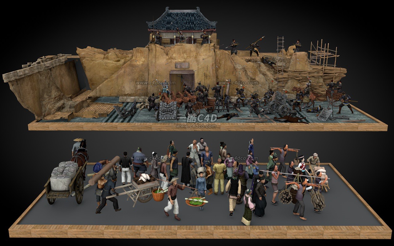一酷C4D 古代城池士兵战斗场景3D模型素材