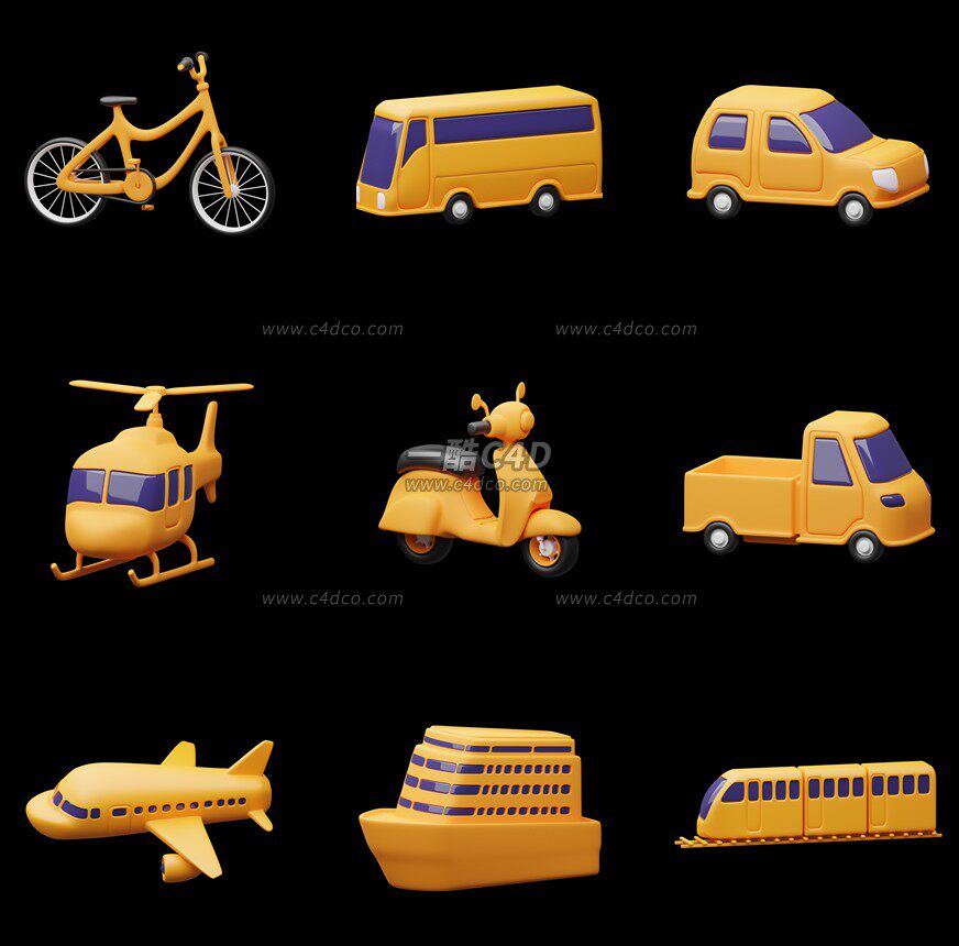 一酷C4D 卡通交通工具自行车飞机轮船电动车3D模型