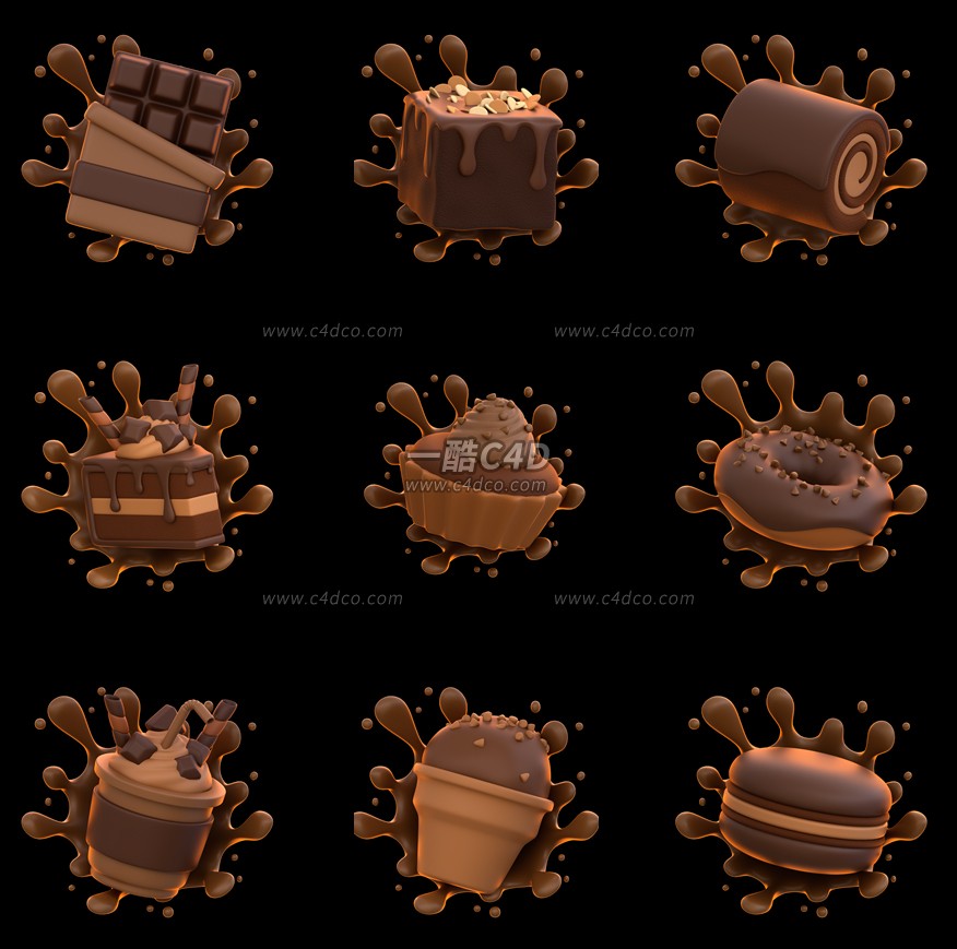 一酷C4D 卡通甜品食物巧克力小蛋糕甜甜圈雪糕3D模型