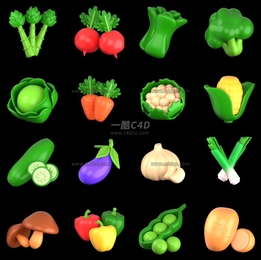 一酷C4D 卡通蔬菜蘑菇青椒豌豆大葱玉米3D模型