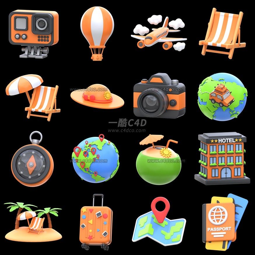 一酷C4D 卡通旅游标志元素飞机汽车沙滩椅行李箱指南针3D模型