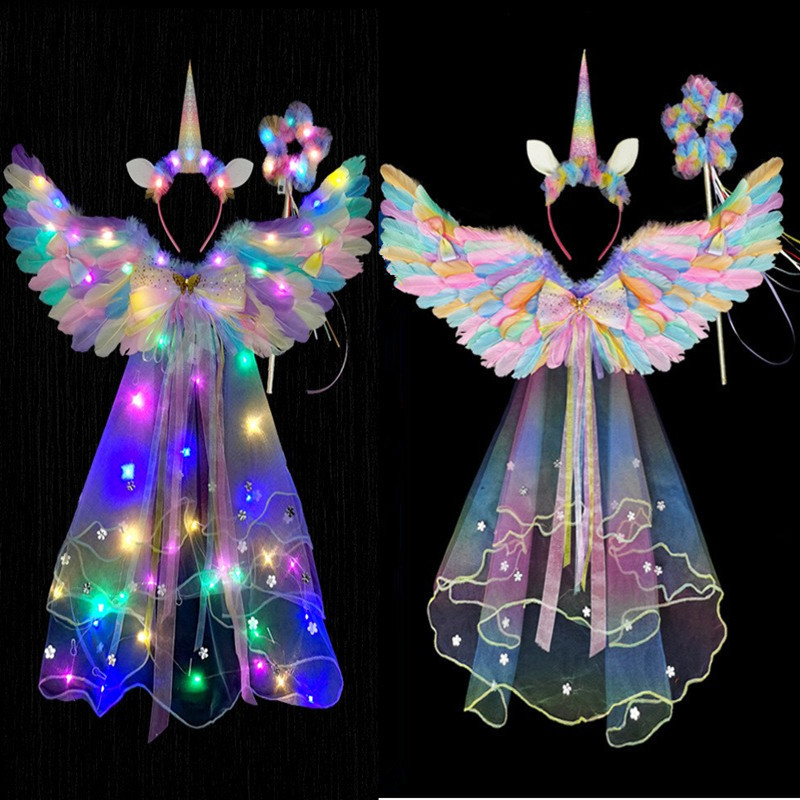 Glowing Angel Feather Wings Kidsren's Macaron Unicorn Cos Flower Fairy Halloween Performance Props and Costumes Glowing Angel Feather Wings Kidsren's Macaron Unicorn Cos Flower Fairy Halloween Performance Props and Costumes