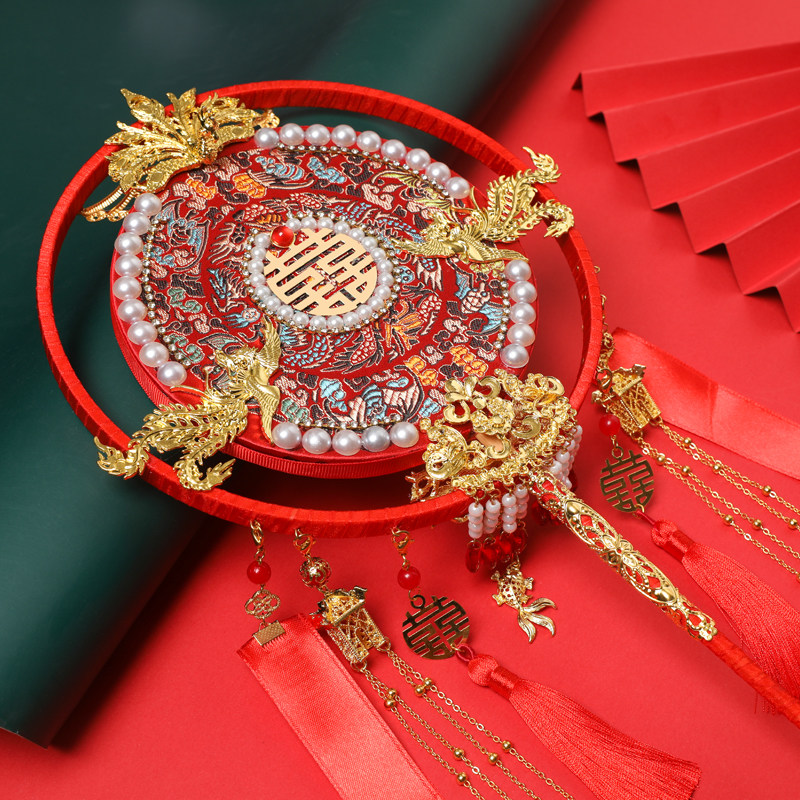 Chinese style group fan wedding bride ancient wind out of marriage yet fan long handle palace show and joy fan finished diy material bag