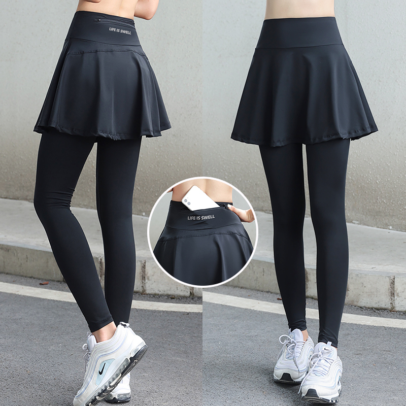 Spring and Autumn Plus-Size Two-In-One Sports Skirt Pants, Yoga Loose Skirt Pants, Fitness Running Quick-Dry Nine-Point Pants for Women