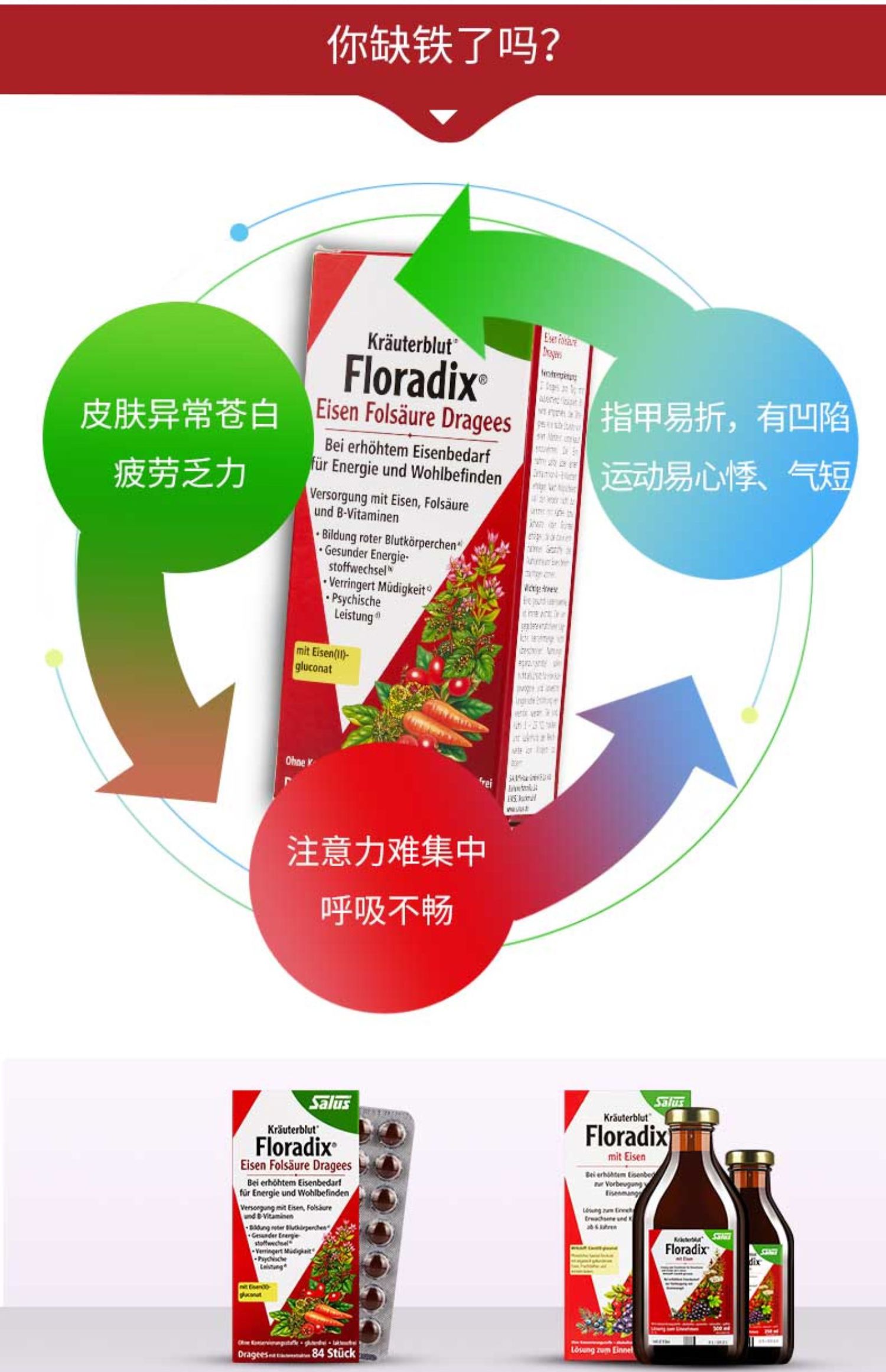 Floradix德国便携铁元补铁铁剂168粒