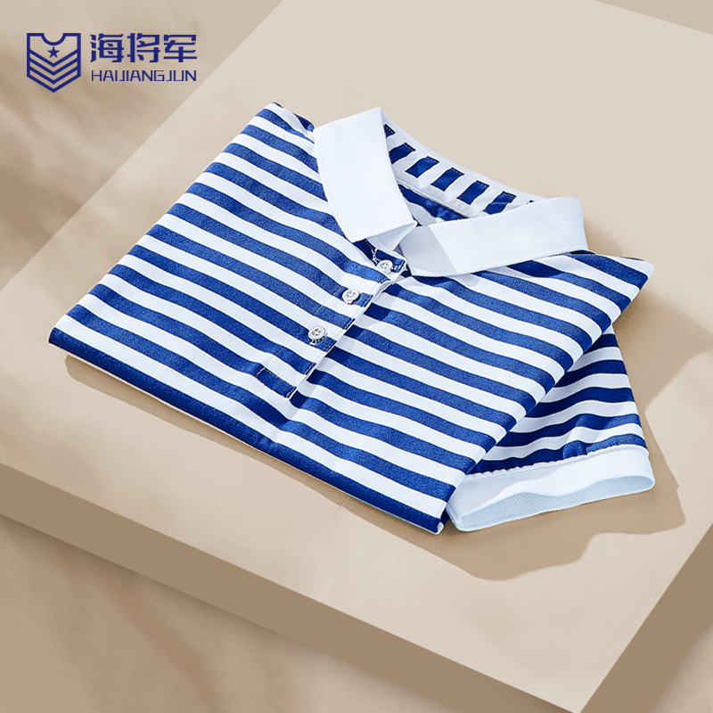 Navy Blue and White Striped Slim-Fit Polo Shirt for Women, Short-Sleeved Knitted Sailor Shirt, Summer 2025 New Style