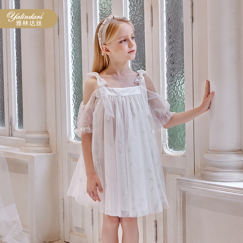 Yalinda silk children's white dress skirt female middle school children's sweet mesh suspender skirt baby travel fairy dress