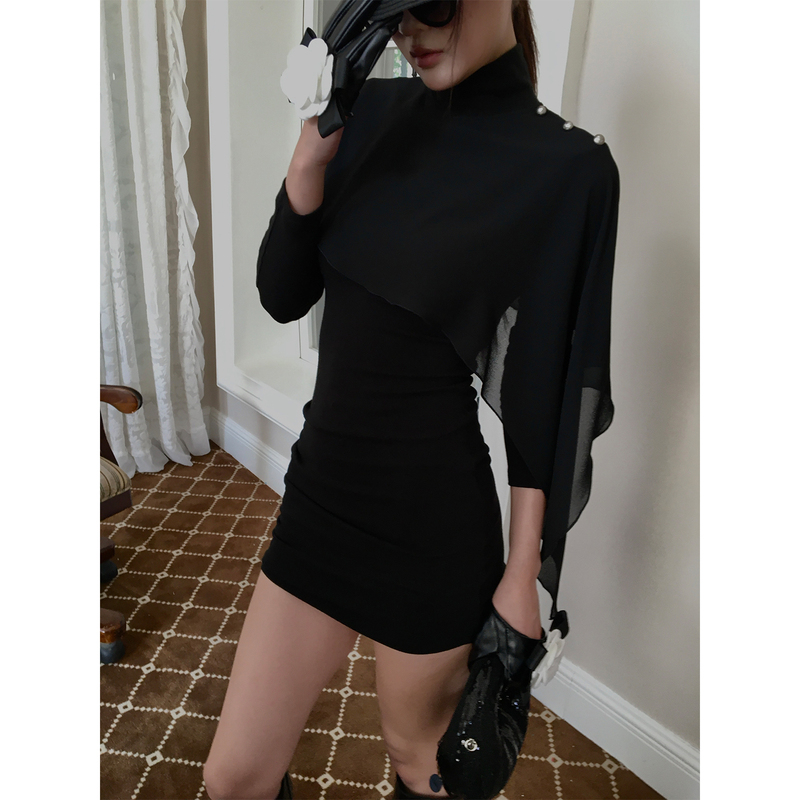 Hytemoly Irregular Chiffon Cape Patchwork Pleated Waist-Cinching High-Neck Elastic Slim-Fit Bodycon Mini Dress Hytemoly Irregular Chiffon Cape Patchwork Pleated Waist-Cinching High-Neck Elastic Slim-Fit Bodycon Mini Dress