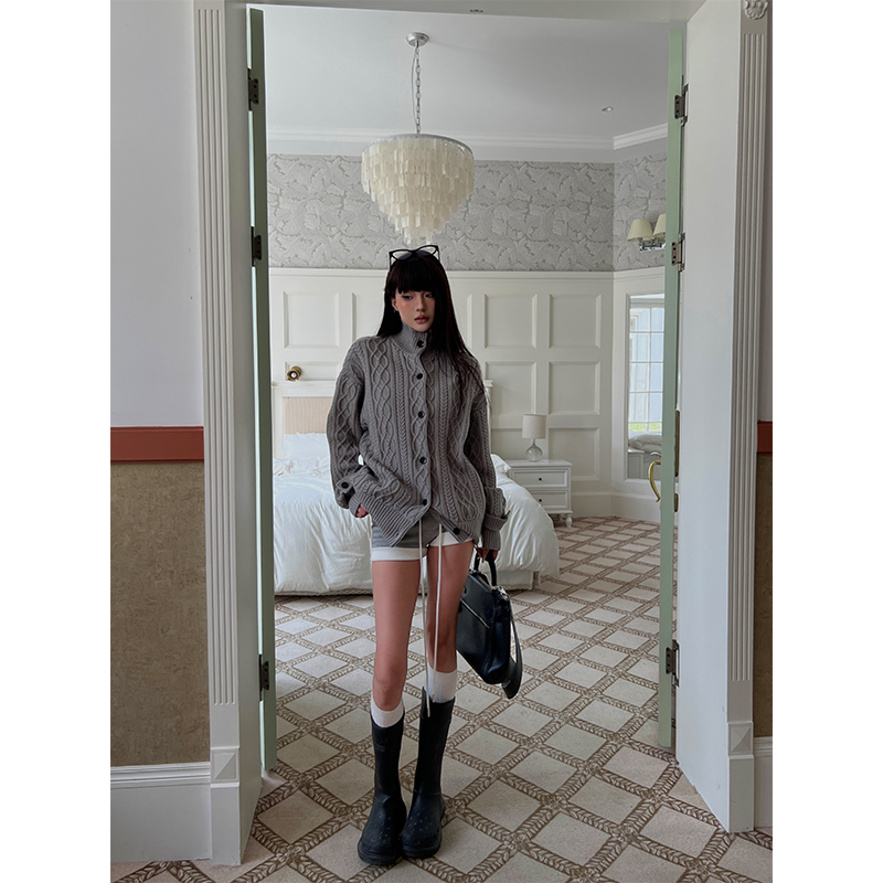 Hytemoly Retro Cable Knit Stand Collar Anti-Pilling Fiber Lazy Style Sweater Loose Thick Cable Knit Coat