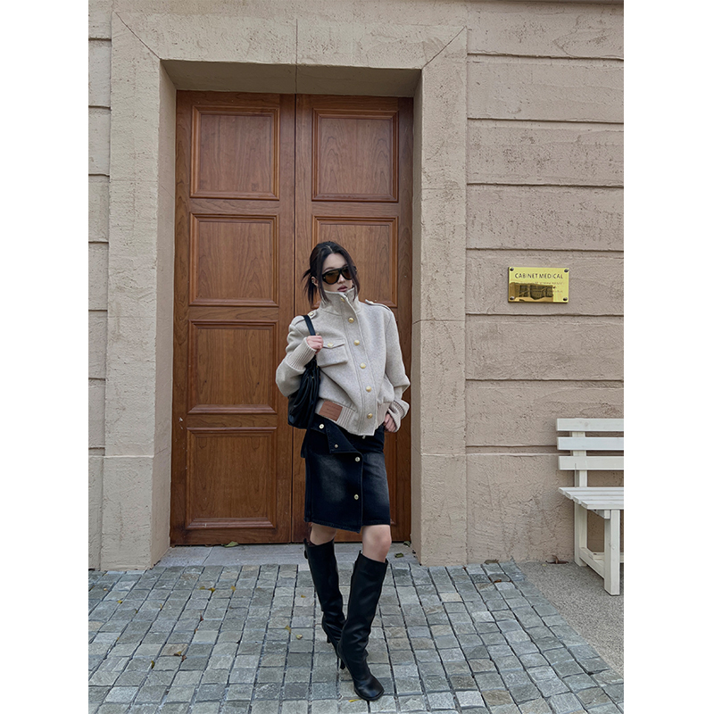 Hytemoly Wool Blend Stand Collar Waist-Cinching Three-Dimensional Pocket Metal Buckle Vintage Loose Jacket Casual Coat Top
