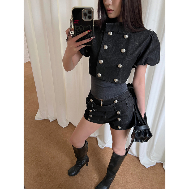 Hytemoly Retro Palace-Style Denim Suit with Puff Sleeves, Short-Sleeved Top, Mid-Low Waist Shorts Two-Piece Set Hytemoly Retro Palace-Style Denim Suit with Puff Sleeves, Short-Sleeved Top, Mid-Low Waist Shorts Two-Piece Set