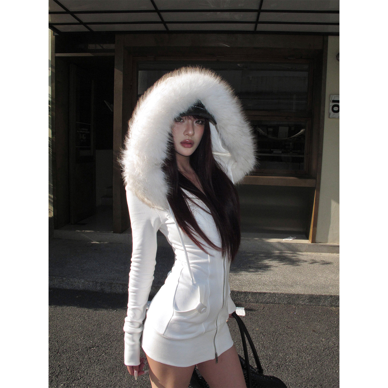 Hytemoly Detachable Fur Collar Large Hood Drawstring Hoodie Dress Waist-Cinching Slim-Fit Short Dress Hytemoly Detachable Fur Collar Large Hood Drawstring Hoodie Dress Waist-Cinching Slim-Fit Short Dress