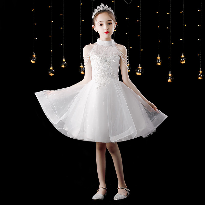 Children's host dress dress 2021 new high-end white princess dress girl Summer Pengpeng gauze model catwalk