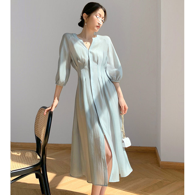 French style waist tencel first love tea break skirt summer thin section cold wind women's high-end puff sleeve dress