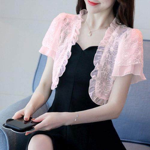 Summer Sun Protection Clothing Lace Shawl Small Cardigan Jacket Versatile Chiffon Shirt Short-Sleeved Thin Top for Women