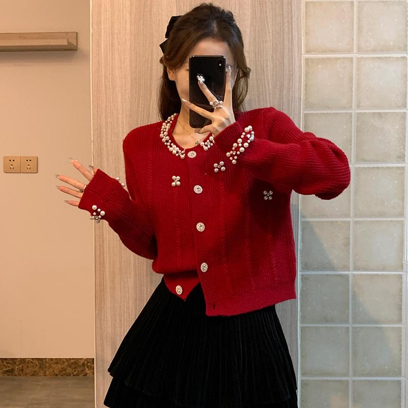 Autumn and Winter Red Chanel-Style Heavy Beaded Sweater Cardigan with Pearl Collar, Knitted Jacket for Women, Designer Niche Top