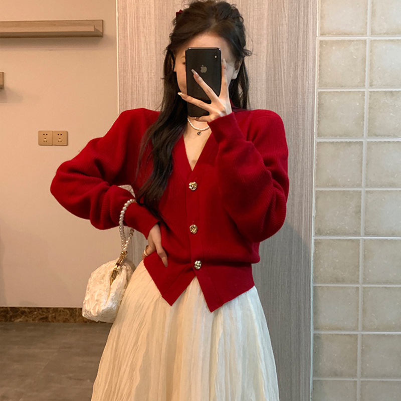 New Year Cherry Red Knitted Cardigan for Women, V-Neck Sweater Coat, Stylish Waist-Cinching, Zodiac Year Chanel-Style Top