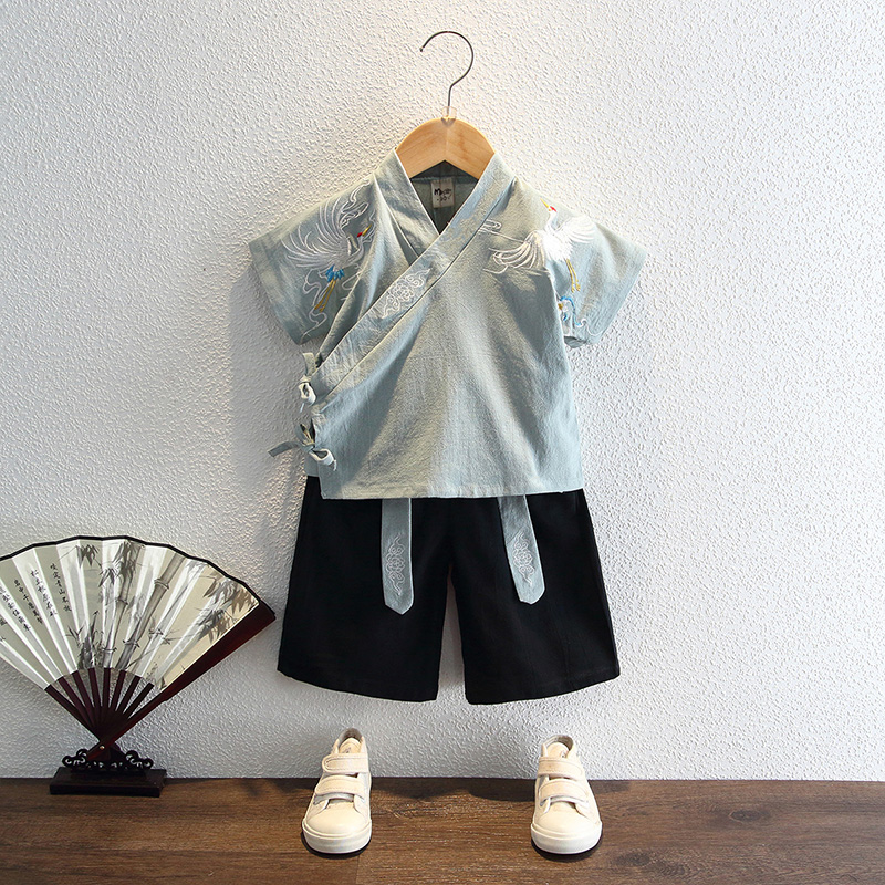Boys Hanfu summer thin section Chinese style children's short-sleeved crane ancient costume two-piece set children's retro style costumes