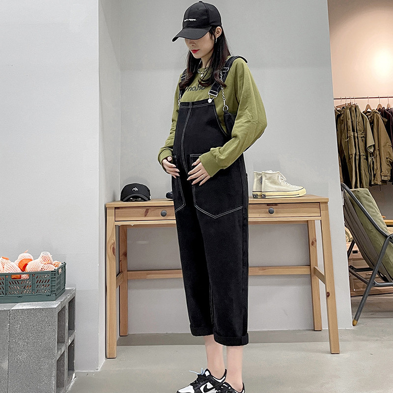 Pregnant women hold baby bag pants spring and autumn fashion net red small maternity wear belly wide leg pants large size nine points suspenders