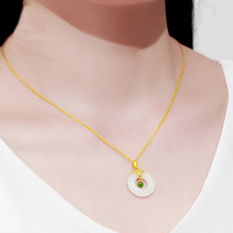 Pure gold 999 Hetian jade safety buckle pendant gold inlaid jasper necklace 3D hard gold tassel pendant pure gold gift