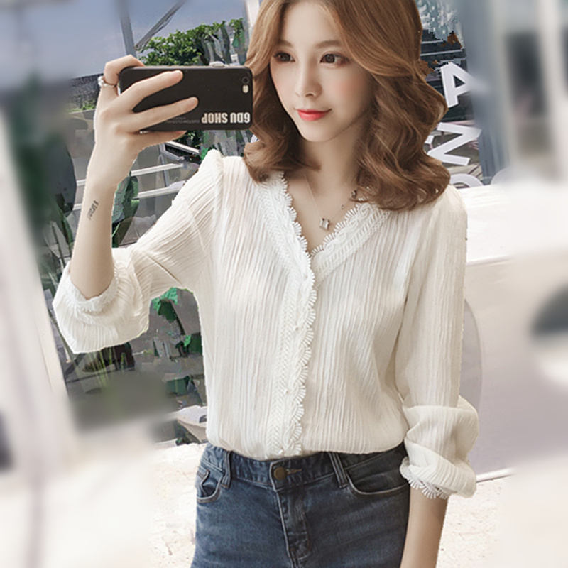 Wholesale Women's V-Neck Shirts, Korean Style Chiffon Tops, New Spring and Autumn Fashionable Lace Inner Shirts