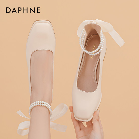 达芙妮高跟鞋女2023款女鞋春季小皮鞋粗跟单鞋珍珠法式玛丽珍鞋