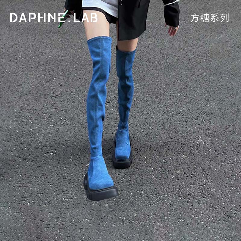 DAPHNELAB Daphne シュガーキューブ デニム オーバーニーブーツ レディース 2024年新作 厚底ナイトブーツ レディース スリミングブーツ