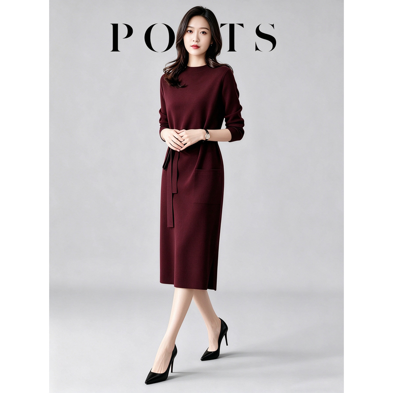 Lace-Up Slimming Wool Knit Dress for Women, Elegant, Retro, Light Luxury, Socialite, Workwear, Spring and Autumn, Burgundy, Mid-Length Lace-Up Slimming Wool Knit Dress for Women, Elegant, Retro, Light Luxury, Socialite, Workwear, Spring and Autumn, Burgundy, Mid-Length